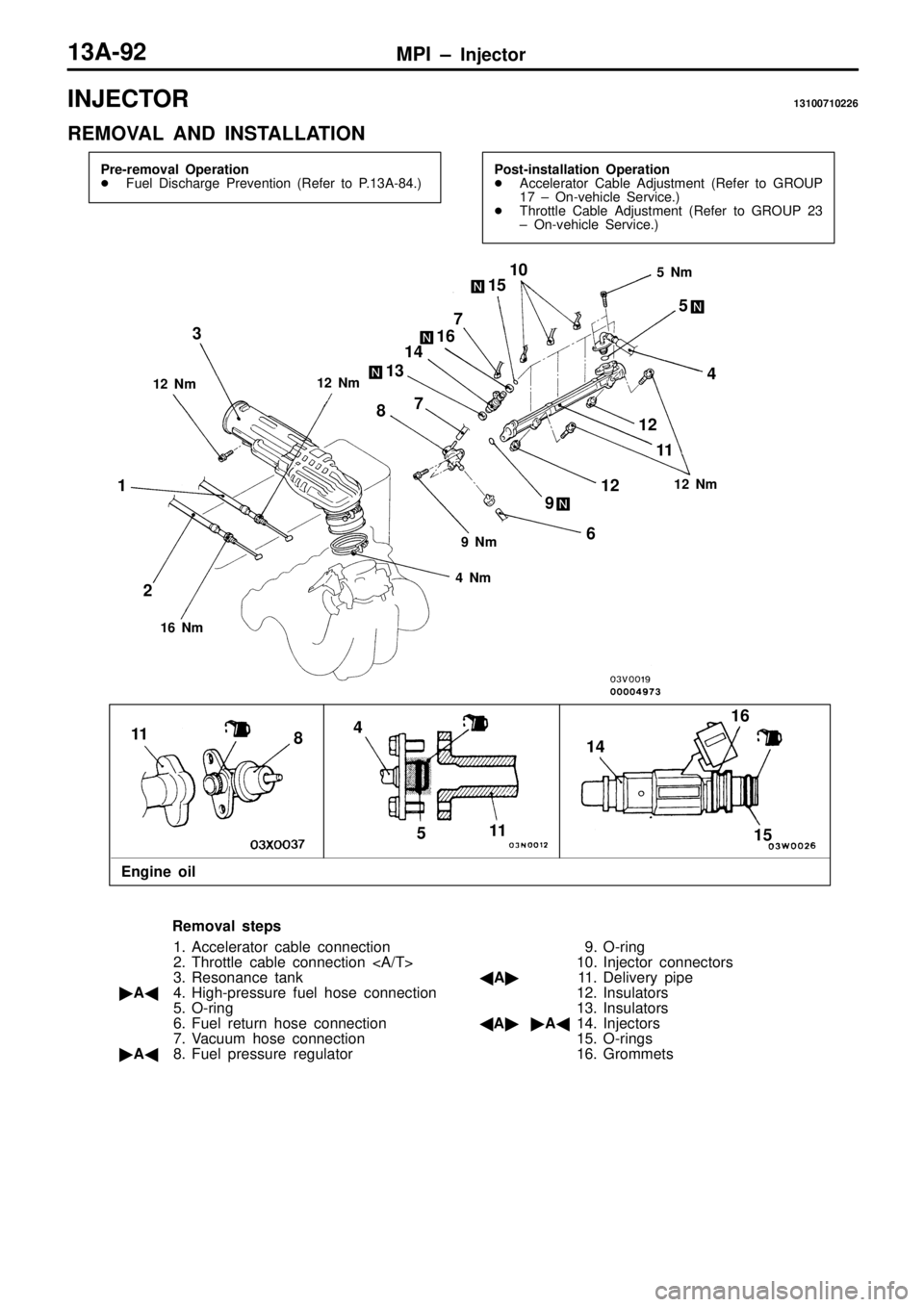MITSUBISHI TRITON 1997  Workshop Manual I
N JE C TO R 13100710226
R EM OVA L  A ND  IN STA LLA TIO N 1
2  N m 1
6  N m 9
 N m 4
 N m 5
 N m 1
2  N m
1
2 3
45 6
7
8
9
1
0
1 1 1
2
1
3
14
15
1
6
8
11 1
1 5 4
1 2 1
4 1
6 7
1
5  