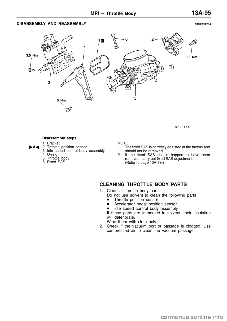 MITSUBISHI TRITON 1997  Workshop Manual 6
D is assem bly  s te p s
1 . B ra cke t
 A 2. Thro ttle  p osit io n  s e nso r
3 . Id le  s p eed  c o ntr o l b ody  a sse m bly
4 . O -rin g
5 . Thro ttle  b ody
6 . Fix e d  S AS N
O TE
1 . Th