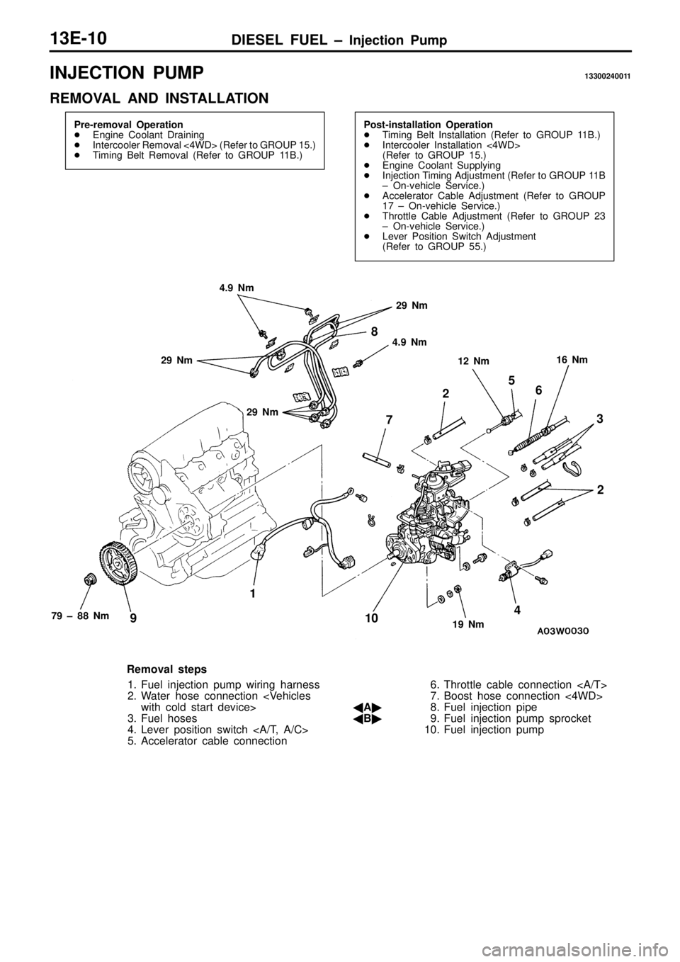 MITSUBISHI TRITON 1997 Workshop Manual I
N JE C TIO N P U M P 13300240011
R EM OVA L A ND IN STA LLA TIO N 7
9 ± 8 8 N m 4
.9 N m
1 2
3
4
5
6
7
8
9 10 2
R em oval s te p s
1 . Fuel in je ctio n p um p w ir in g h arn ess
2 . W at MITSUBISHI TRITON 1997 Workshop Manual I
N JE C TIO N P U M P 13300240011
R EM OVA L A ND IN STA LLA TIO N 7
9 ± 8 8 N m 4
.9 N m
1 2
3
4
5
6
7
8
9 10 2
R em oval s te p s
1 . Fuel in je ctio n p um p w ir in g h arn ess
2 . W at