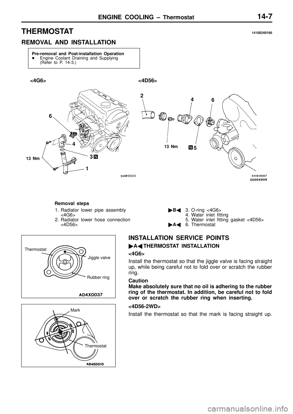 MITSUBISHI TRITON 1997  Workshop Manual T
H ER M OSTA T 14100240166
R EM OVA L  A ND  IN STA LLA TIO N <
4D 56> 1
2
3
4
5
6 1
3  N m 6 4
R em oval s te p s
1 . R adia to r lo w er p ip e  a sse m bly
< 4G 6>
2 . R adia to r lo w er h ose  c
