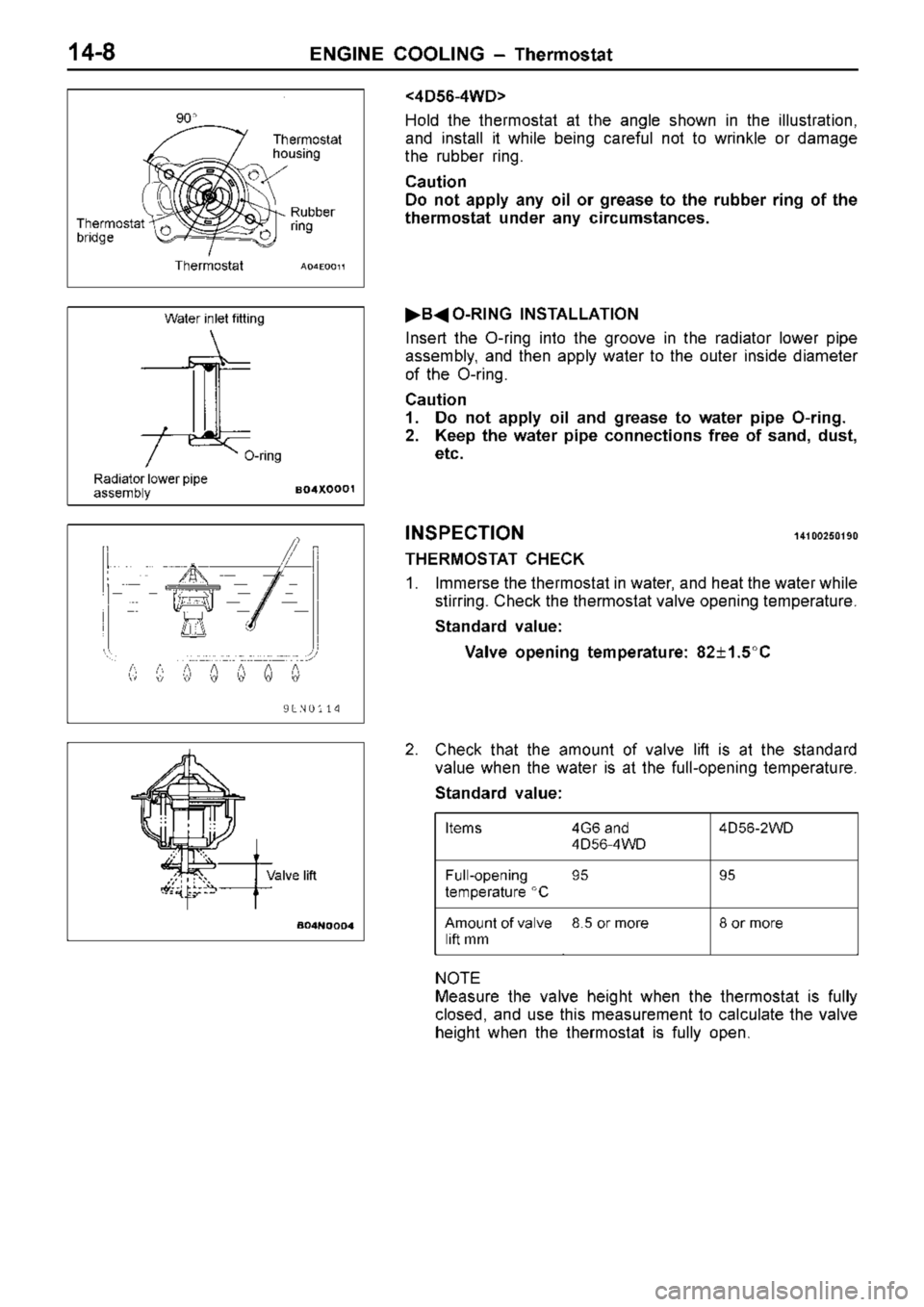 MITSUBISHI TRITON 1997  Workshop Manual 4
G 6 a nd 
4 D 56-4 W D 4
D 56-2 W D F
ull- o penin g
t e m pera tu re   C 9
5 9
5 A
m ount  o f  v a lv e
l if t  m m 8
.5  o r m ore 8
 o r m ore 9
0 R
ubber
r in g T
herm osta t W
ate r in le t 