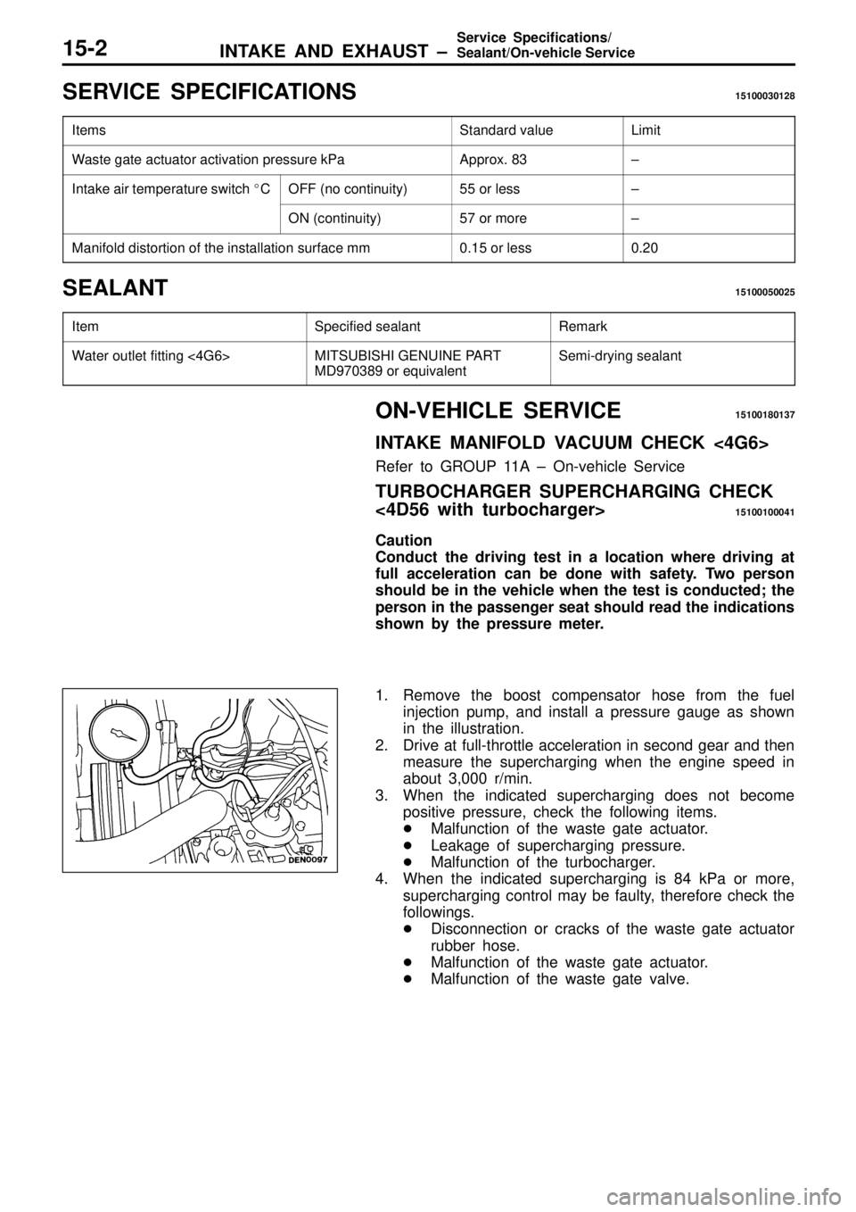 MITSUBISHI TRITON 1997  Workshop Manual S
ER VIC E  S PEC IF IC ATIO NS 15100030128
I te m s S
ta ndard  v a lu e L
im it W
aste  g ate  a ctu ato r a ctiv a tio n p re ssu re  k P a A
ppro x.  8 3 ±
I
n ta ke  a ir  te m pera tu re  s w i