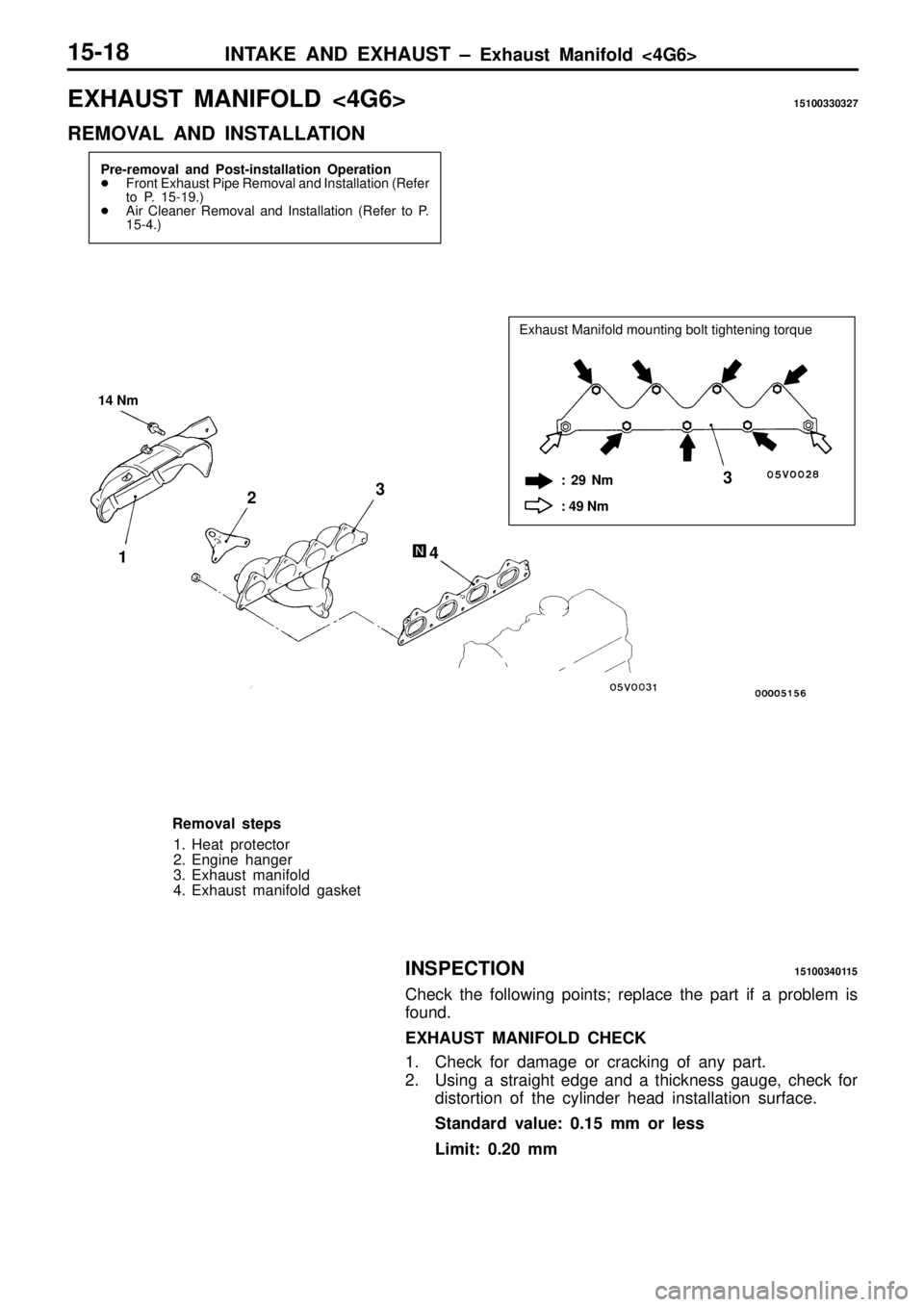 MITSUBISHI TRITON 1997 Workshop Manual E
XH AUST M ANIF O LD < 4G 6> 15100330327
R EM OVA L A ND IN STA LLA TIO N :
4 9 N m
2 3
4 3
R em oval s te p s
1 . H eat p ro te cto r
2 . E ngin e h anger
3 . E xh aust m anif o ld
4 . E xh au MITSUBISHI TRITON 1997 Workshop Manual E
XH AUST M ANIF O LD < 4G 6> 15100330327
R EM OVA L A ND IN STA LLA TIO N :
4 9 N m
2 3
4 3
R em oval s te p s
1 . H eat p ro te cto r
2 . E ngin e h anger
3 . E xh aust m anif o ld
4 . E xh au