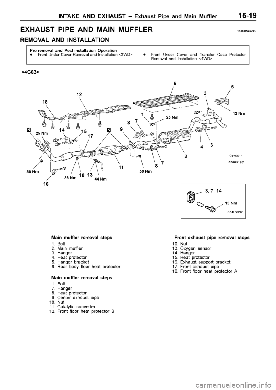 MITSUBISHI TRITON 1997 Workshop Manual E
XH AUST P IP E A ND M AIN M UFFLE R 15100540249
R EM OVA L A ND IN STA LLA TIO N 2
5 N m 4
4 N m 5
0 N m 1
3 N m 2
5 N m
1
2
1 6 1
0 1
3 1
1 87 24
3 5
3
6
1
7
8
9
1 7
1
5
1
4 MITSUBISHI TRITON 1997 Workshop Manual E
XH AUST P IP E A ND M AIN M UFFLE R 15100540249
R EM OVA L A ND IN STA LLA TIO N 2
5 N m 4
4 N m 5
0 N m 1
3 N m 2
5 N m
1
2
1 6 1
0 1
3 1
1 87 24
3 5
3
6
1
7
8
9
1 7
1
5
1
4