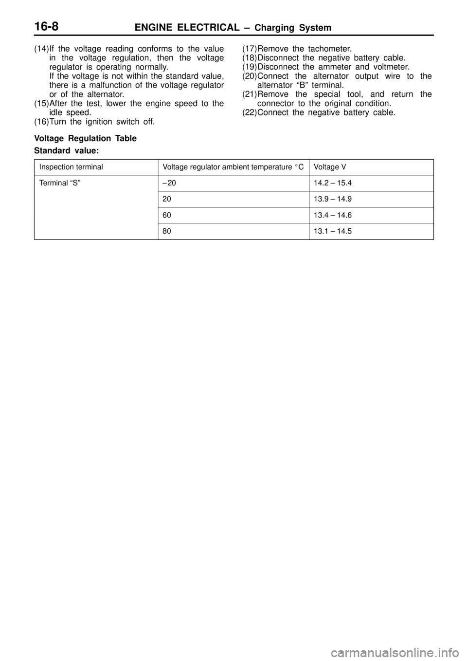 MITSUBISHI TRITON 1997  Workshop Manual ENGINE ELECTRICAL ± Charging System16-8
(14)If the voltage reading conforms to the value
in the voltage regulation, then the voltage
regulator is operating normally.
If the voltage is not within the 