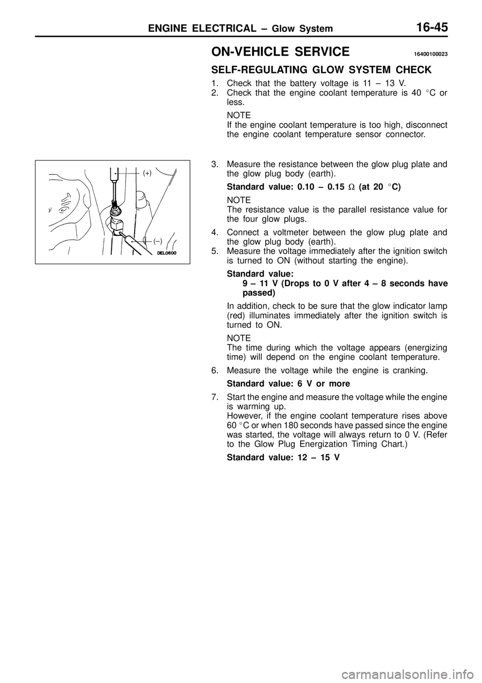 MITSUBISHI TRITON 1997  Workshop Manual O
N-V EH IC LE  S ER VIC E 16400100023
S ELF-R EG ULA TIN G  G LO W  S YSTE M  C HEC K
1 . Check  th at th e  b atte ry  v o lt a ge  is  1 1  ±  1 3  V .
2 . Check  th at th e  e ngin e  c o ola nt 
