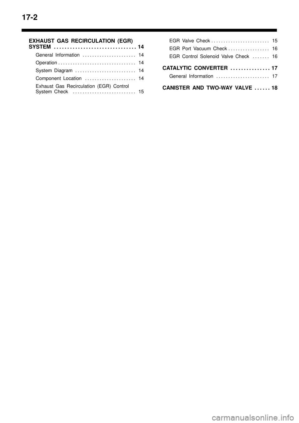 MITSUBISHI TRITON 1997  Workshop Manual 17-2
EXHAUST GAS RECIRCULATION (EGR)
SYSTEM 14. . . . . . . . . . . . . . . . . . . . . . . . . . . . . . . 
General Information 14. . . . . . . . . . . . . . . . . . . . . . 
Operation 14. . . . . . 