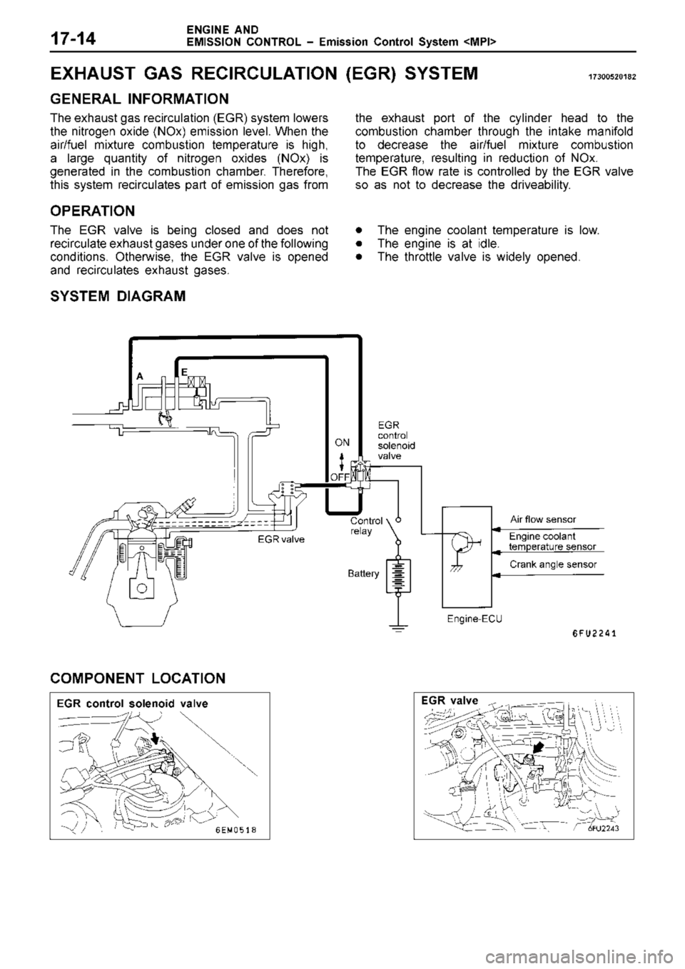 MITSUBISHI TRITON 1997  Workshop Manual E
G R  c o ntr o l s o le n oid  v alv e E
G R  v alv e
1
7-1 4 E
XH AUST  G AS  R EC IR CULA TIO N  ( E G R) S YSTE M 17300520182
G EN ER AL  IN FO RM ATIO N
T he e xh aust  g as r e cir c u la tio n