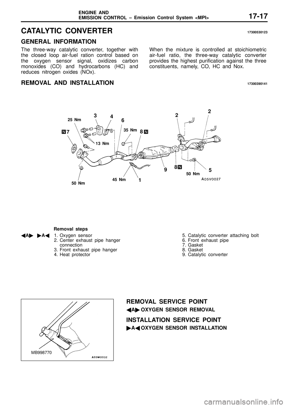 MITSUBISHI TRITON 1997  Workshop Manual C
ATA LY TIC  C O NVER TE R 17300530123
G EN ER AL  IN FO RM ATIO N
T he  th re e-w ay  c a ta ly tic  c o nve rte r,  to geth er  w it h
t h e  c lo se d  lo op  a ir -fu el r a tio n  c o ntr o l b 