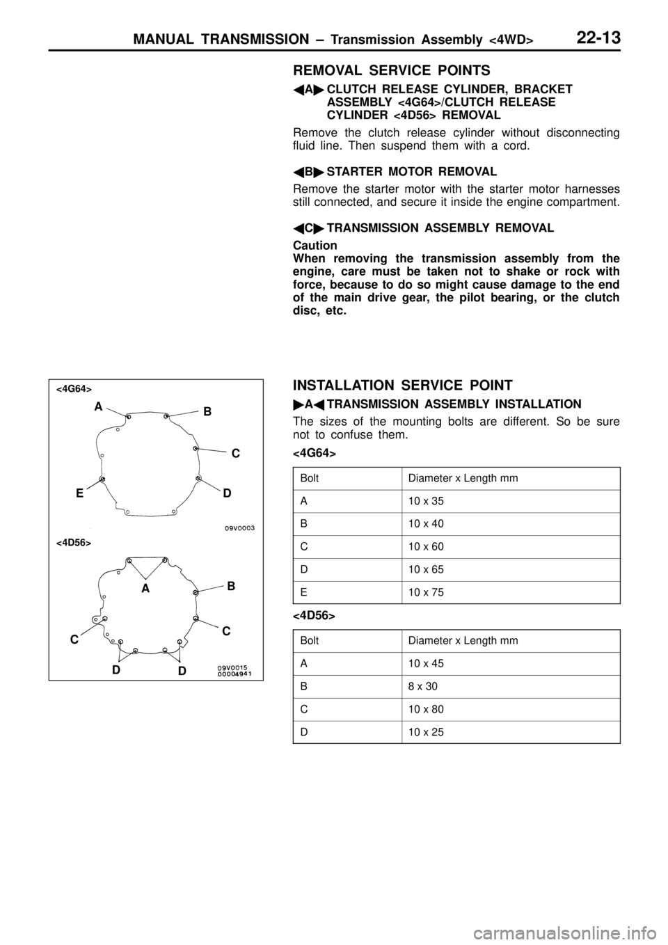 MITSUBISHI TRITON 1997  Workshop Manual D
ia m ete r x  L ength  m m A 1
0 x  3 5 B 1
0 x  4 0 C 1
0 x  6 0 D 1
0 x  6 5 E 1
0 x  7 5 D
ia m ete r x  L ength  m m A 1
0 x  4 5 B 8
 x  3 0 C 1
0 x  8 0 D 1
0 x  2 5 <
4D 56>
A B
C D C
D  