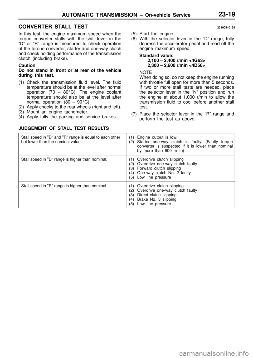 MITSUBISHI TRITON 1997  Workshop Manual AUTOMATIC TRANSMISSION ± On-vehicle Service23-19
CONVERTER STALL TEST 23100540138
In this test, the engine maximum speed when the
torque converter stalls with the shift lever in the
ªDº or ªRº ra