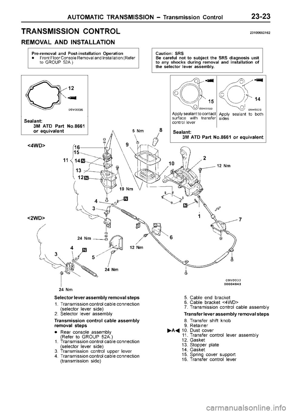 MITSUBISHI TRITON 1997  Workshop Manual T
R ANSM IS SIO N  C O NTR O L 23100660162
R EM OVA L  A ND  IN STA LLA TIO N A
pply  s e ala nt  to  b oth
s id es <
2W D> <
4W D>
11 1
6
1 5 1
2 9
8
10 2
1 7
6
5 4
3
4
3 1
2  N m 1
2  N m 5
 N m 1
9