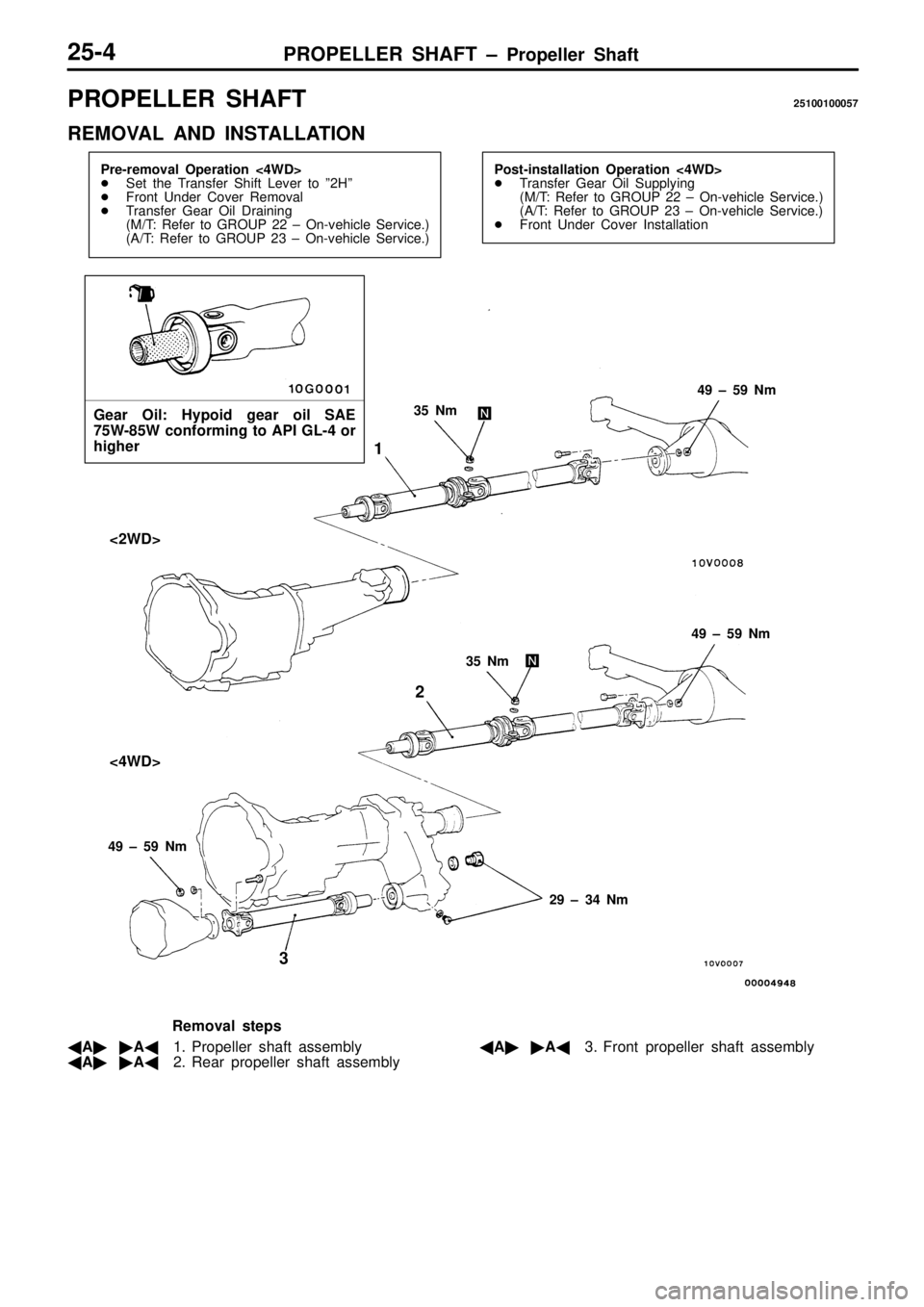MITSUBISHI TRITON 1997  Workshop Manual P
R O PELLE R  S H AFT 25100100057
R EM OVA L  A ND  IN STA LLA TIO N <
2W D>
< 4W D> 4
9  ±  5 9  N m 4
9  ±  5 9  N m 4
9  ±  5 9  N m
3
R em oval s te p s
 A A 1. P ro pelle r s h aft  a sse