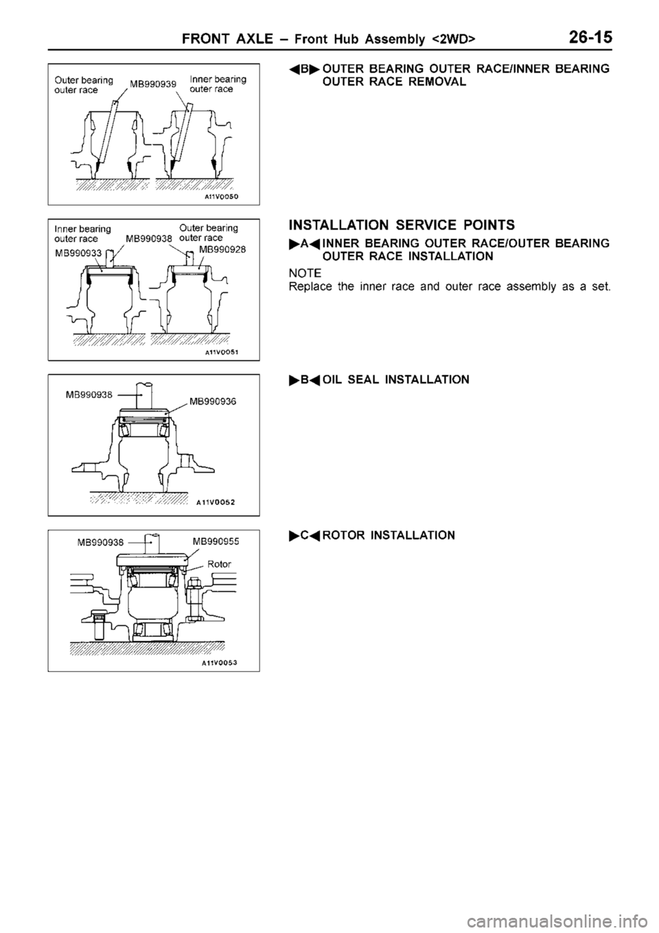 MITSUBISHI TRITON 1997  Workshop Manual M
B990939 I
n ner b earin g
o ute r r a ce
M B990933 I
n ner b earin g
o ute r r a ce M
B990938 O
ute r b earin g
o ute r r a ce
M B990928 M
B990938 M
B990936 M
B990938 M
B990955 R
oto r 