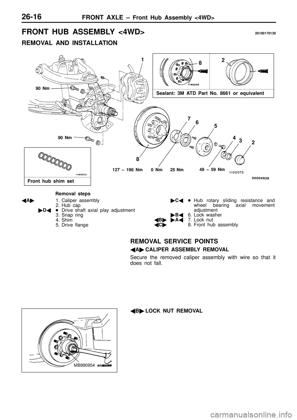 MITSUBISHI TRITON 1997  Workshop Manual F
R O NT  H UB  A SSEM BLY  < 4W D> 26100170130
R EM OVA L  A ND  IN STA LLA TIO N 9
0  N m 1
27  ±  1 96  N m    0  N m    2 5  N m      4
9  ±  5 9  N m   
