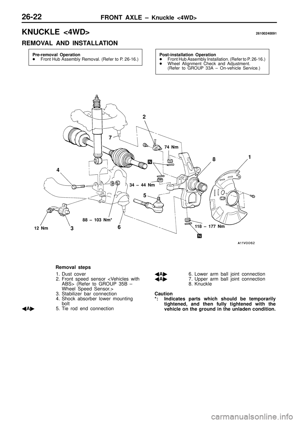 MITSUBISHI TRITON 1997  Workshop Manual K
NUCKLE  < 4W D> 26100240091
R EM OVA L  A ND  IN STA LLA TIO N 7
4  N m 1
2  N m 8
8  ±  1 03  N m *
11 8  ±  1 77  N m
2
3
4
5
6
7
8  