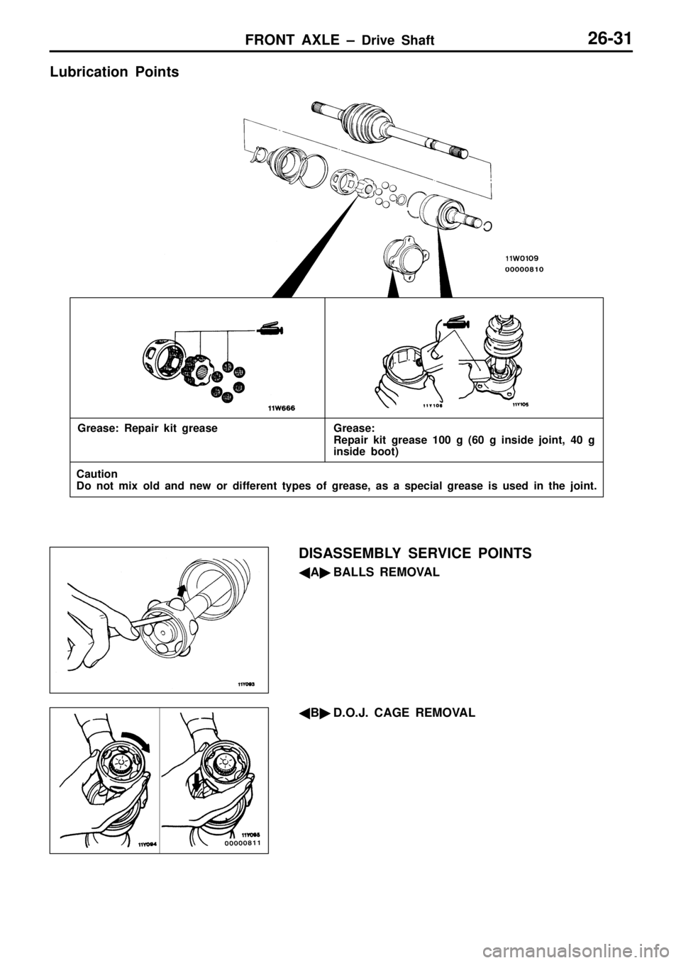 MITSUBISHI TRITON 1997  Workshop Manual C
au tio n
D o  n ot m ix  o ld  a n d  n ew  o r d if fe re n t t y p es  o f g re ase, a s  a  s p ecia l g re ase  is  u sed  in  t h e  jo in t.
D IS A SSEM BLY  S ER VIC E  P O IN TS
 A BALLS  
