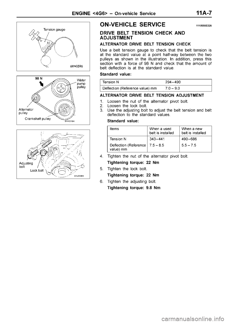 MITSUBISHI TRITON 1997 Service Manual O
N-V EH IC LE  S ER VIC E 111 00090326
D RIV E  B ELT  T E N SIO N  C HEC K  A ND
A DJU STM EN T
A LT E R NATO R  D RIV E  B ELT  T E N SIO N  C HEC K
U se  a  b elt  te nsio n  g auge  to  c h eck  