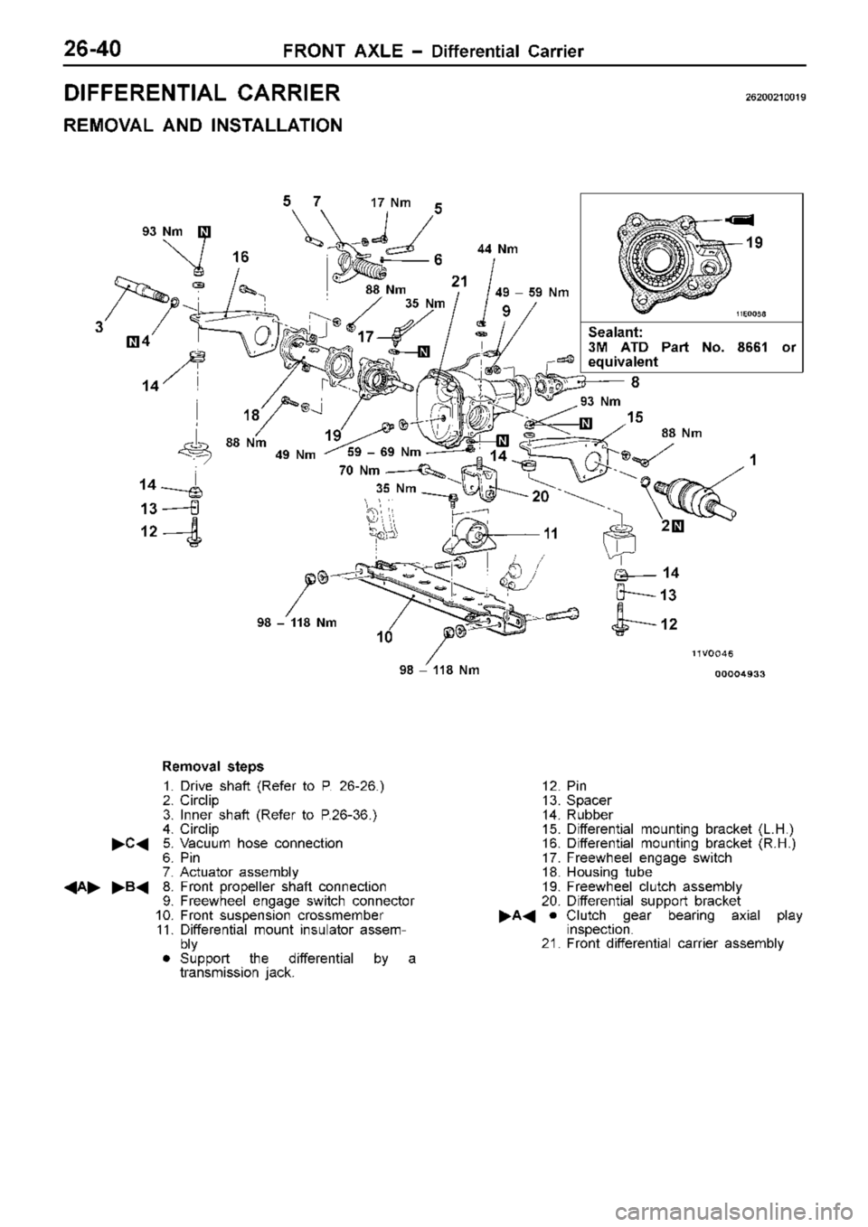 MITSUBISHI TRITON 1997  Workshop Manual D
IF FE R EN TIA L  C ARRIE R 26200210019
R EM OVA L  A ND  IN STA LLA TIO N
1
2
3
4 5
6 4
9  ±  5 9  N m 1
7  N m 4
4  N m 8
8  N m 4
9  N m 9
3  N m 9
8  ±  1 1 8  N m 9
8  ±  1 1 8  N m 5 1
4 8
