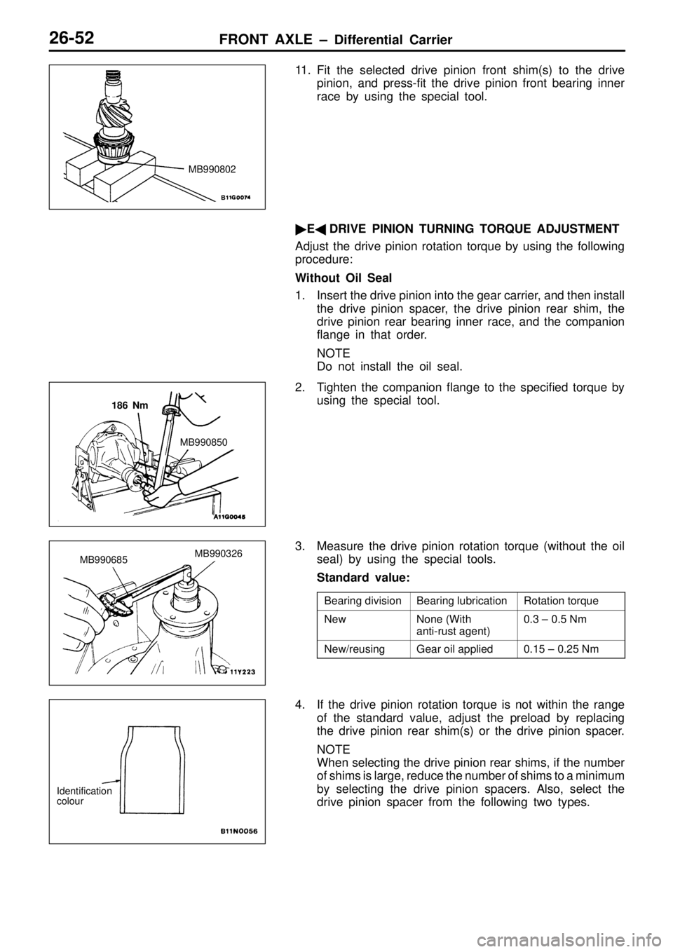 MITSUBISHI TRITON 1997  Workshop Manual B
earin g lu bric a tio n R
ota tio n to rq ue N
ew N
one ( W it h
a nti- ru st  a gent) 0
.3  ±  0 .5  N m N
ew /r e usin g G
ear o il  a pplie d 0
.1 5 ±  0 .2 5 N m M
B990685 M
B990326 I
d entif 