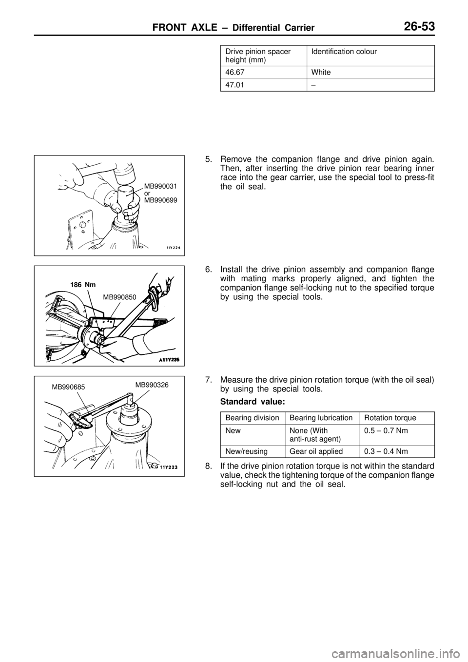 MITSUBISHI TRITON 1997  Workshop Manual I
d entif ic a tio n c o lo ur 4
6.6 7 W
hit e 4
7.0 1 ±
B
earin g lu bric a tio n R
ota tio n to rq ue N
ew N
one ( W it h
a nti- ru st  a gent) 0
.5  ±  0 .7  N m N
ew /r e usin g G
ear o il  a pp
