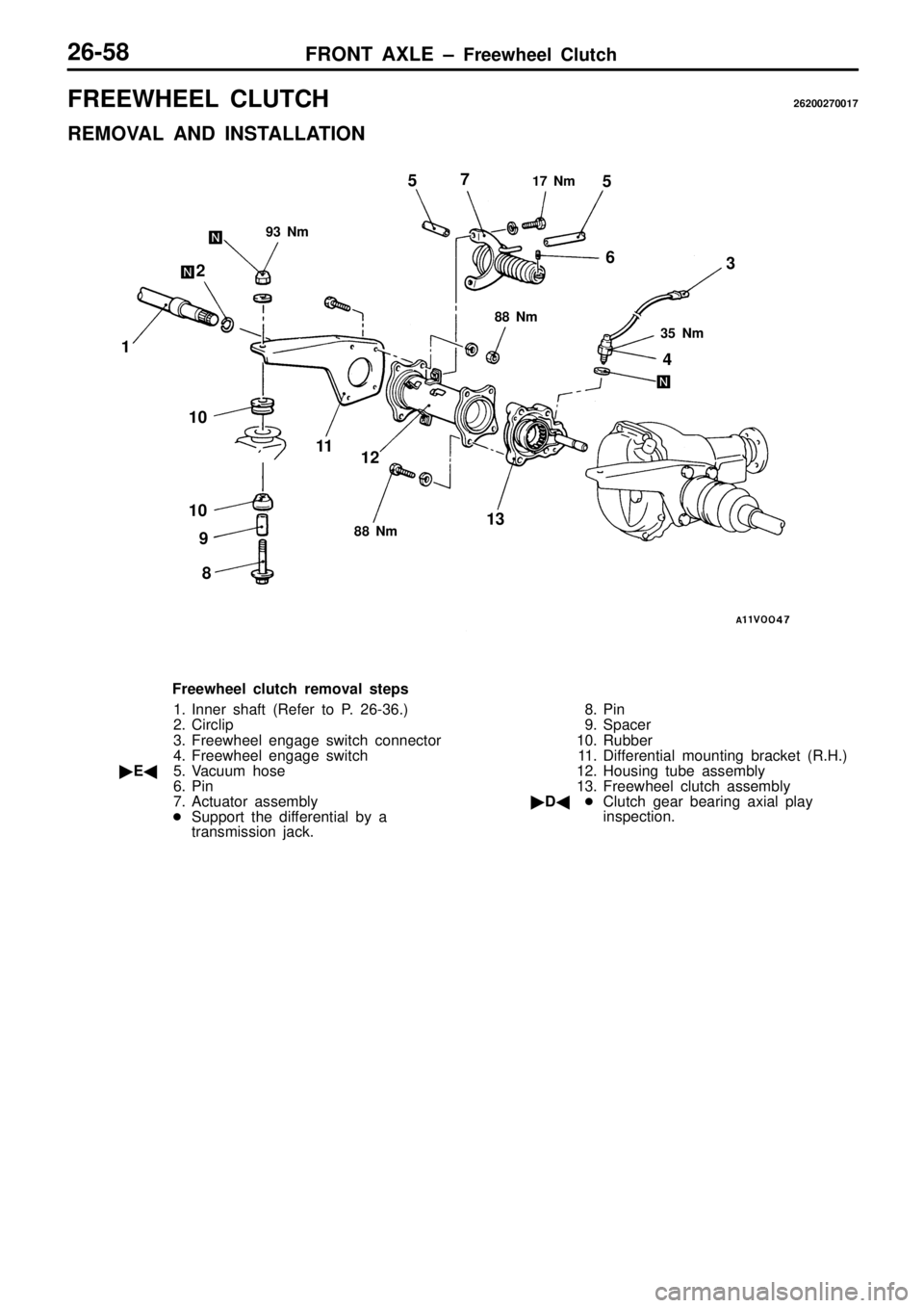 MITSUBISHI TRITON 1997  Workshop Manual F
R EEW HEEL  C LU TC H 26200270017
R EM OVA L  A ND  IN STA LLA TIO N 1
7  N m 8
8  N m 3
5  N m 8
8  N m 1
0 5
F re ew heel c lu tc h  r e m oval s te p s
1 . In ner s h aft  ( R efe r to  P . 2 6-3