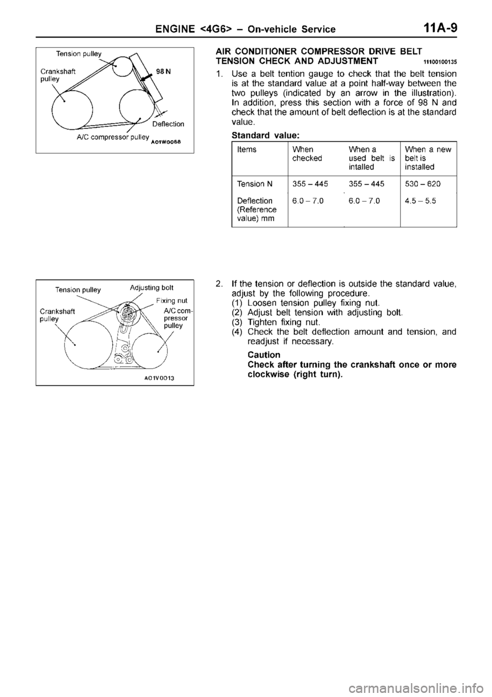 MITSUBISHI TRITON 1997 Service Manual W
hen
c h ecke d W
hen  a  
u se d  b elt  is
i n ta lle d W
hen  a  n ew
b elt   is  
i n sta lle d T
e nsio n N 3
55 ±  4 45 3
55 ±  4 45 5
30 ±  6 20 D
efle ctio n
( R efe re nce
v a lu e) m m 6