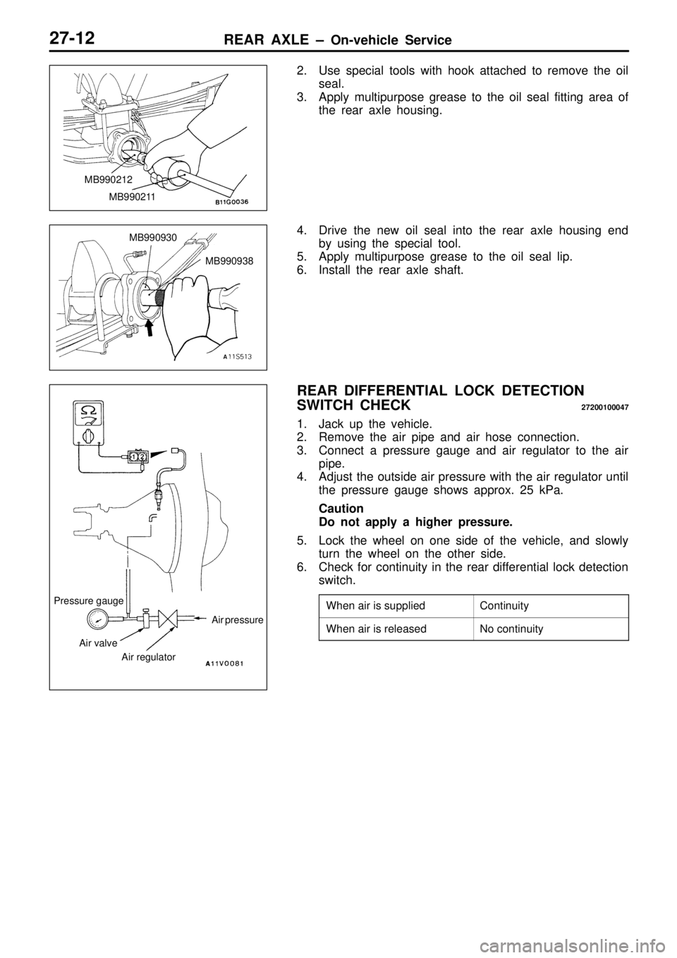 MITSUBISHI TRITON 1997 Workshop Manual C
ontin uit y W
hen a ir is r e le ase d N
o c o ntin uit y M
B990938
M
B990930 P
re ssu re g auge A
ir p re ssu re
A ir v a lv e
Air r e gula to r MITSUBISHI TRITON 1997 Workshop Manual C
ontin uit y W
hen a ir is r e le ase d N
o c o ntin uit y M
B990938
M
B990930 P
re ssu re g auge A
ir p re ssu re
A ir v a lv e
Air r e gula to r