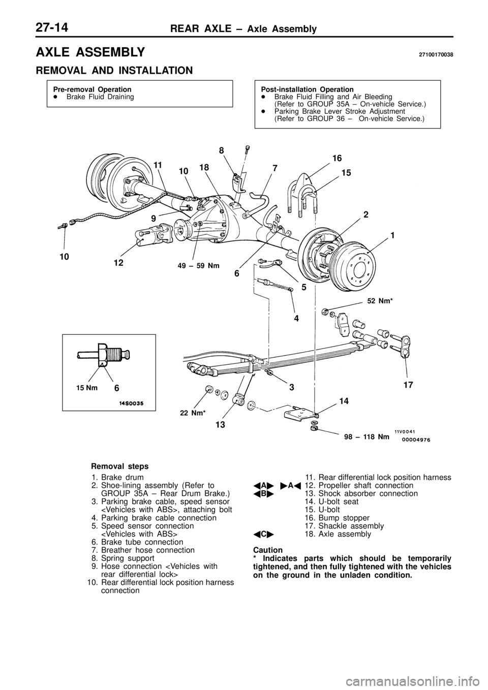 MITSUBISHI TRITON 1997 Workshop Manual A
XLE A SSEM BLY 27100170038
R EM OVA L A ND IN STA LLA TIO N 4
9 ± 5 9 N m 5
2 N m * 9
8 ± 1 1 8 N m 2
2 N m * 1
2 1
0 91
1
10 1
8 8
7 1
6
1 5
2 1
3
R em oval s te p s
1 . B ra ke d ru MITSUBISHI TRITON 1997 Workshop Manual A
XLE A SSEM BLY 27100170038
R EM OVA L A ND IN STA LLA TIO N 4
9 ± 5 9 N m 5
2 N m * 9
8 ± 1 1 8 N m 2
2 N m * 1
2 1
0 91
1
10 1
8 8
7 1
6
1 5
2 1
3
R em oval s te p s
1 . B ra ke d ru