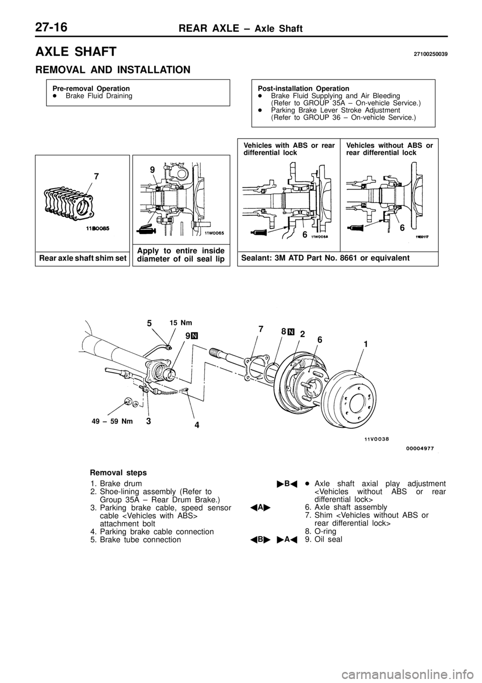 MITSUBISHI TRITON 1997  Workshop Manual A
XLE  S H AFT 27100250039
R EM OVA L  A ND  IN STA LLA TIO N 4
9  ±  5 9  N m 9
6
5
3 4
9
7
8
2
6 1
6  
