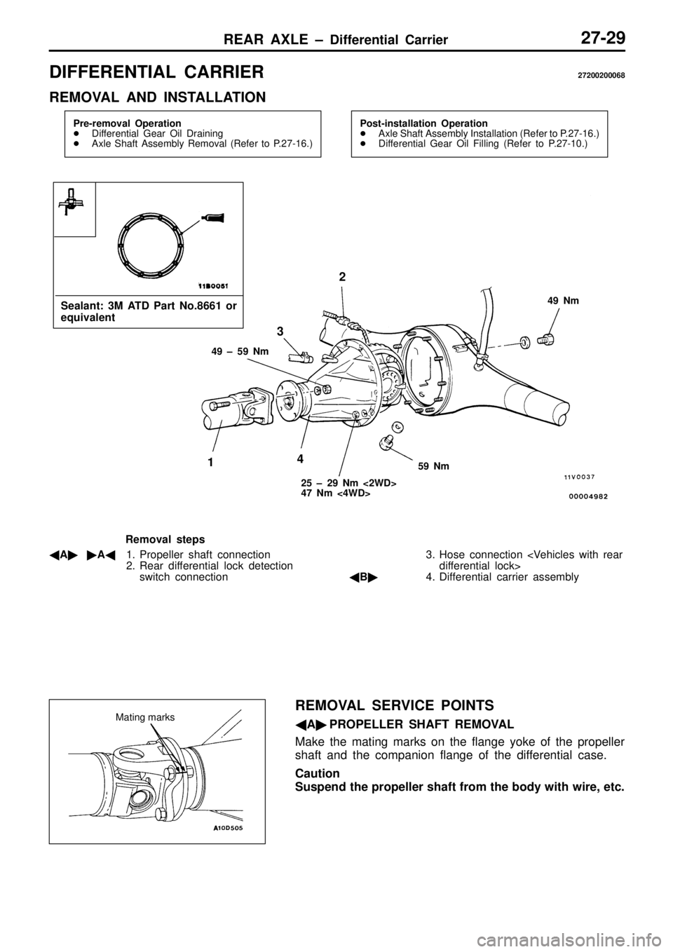 MITSUBISHI TRITON 1997  Workshop Manual D
IF FE R EN TIA L  C ARRIE R 27200200068
R EM OVA L  A ND  IN STA LLA TIO N 4
9  ±  5 9  N m 2
5  ±  2 9  N m  < 2W D>
4 7  N m  < 4W D> 4
9  N m 2
3
R em oval s te p s
 A A 1. P ro pelle r s h