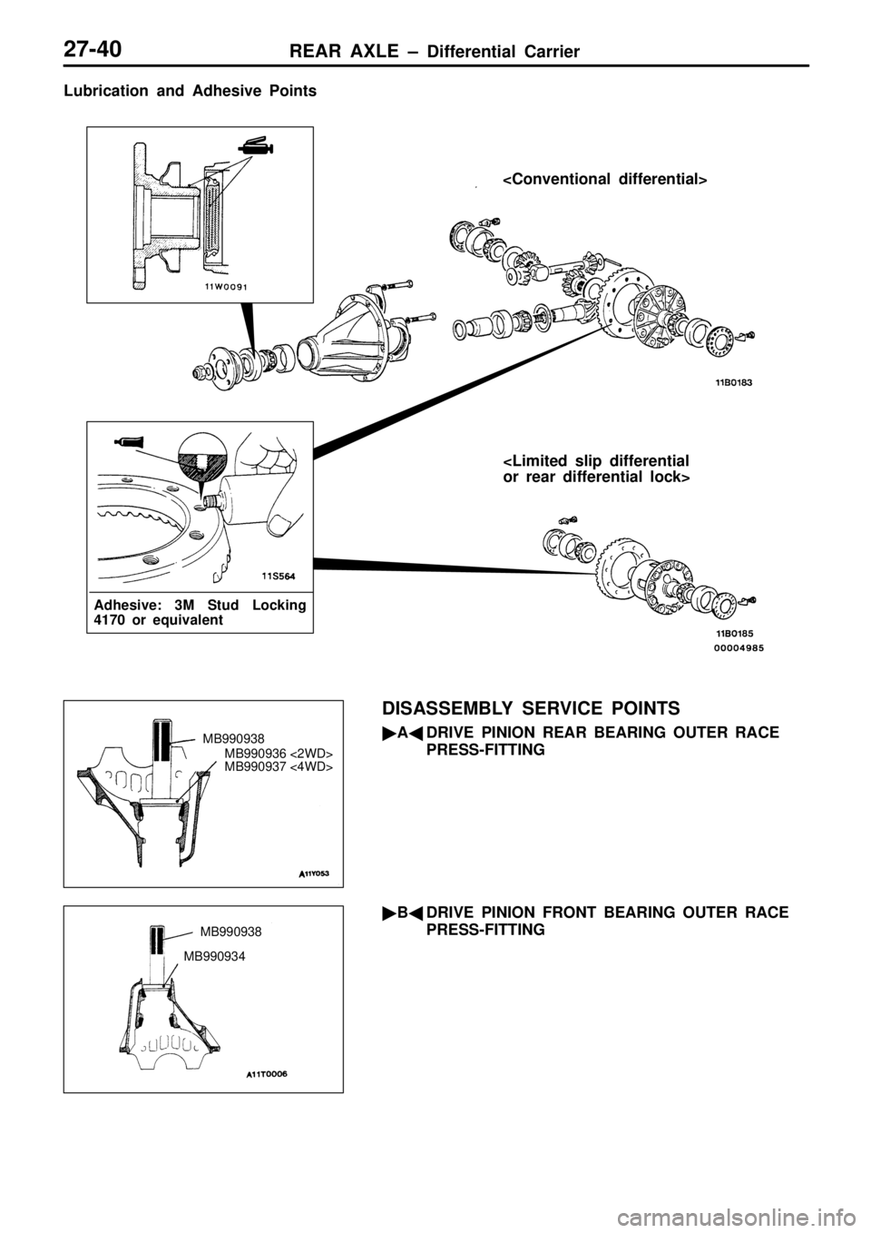 MITSUBISHI TRITON 1997 Workshop Manual <
C onven tio nal d if fe re n tia l>
< L im it e d s lip d if fe re n tia l
o r r e ar d if fe re n tia l lo ck>
A dhesiv e: 3 M S tu d L ockin g
4 170 o r e q uiv ale n t M
B990938
M B990934 MITSUBISHI TRITON 1997 Workshop Manual <
C onven tio nal d if fe re n tia l>
< L im it e d s lip d if fe re n tia l
o r r e ar d if fe re n tia l lo ck>
A dhesiv e: 3 M S tu d L ockin g
4 170 o r e q uiv ale n t M
B990938
M B990934