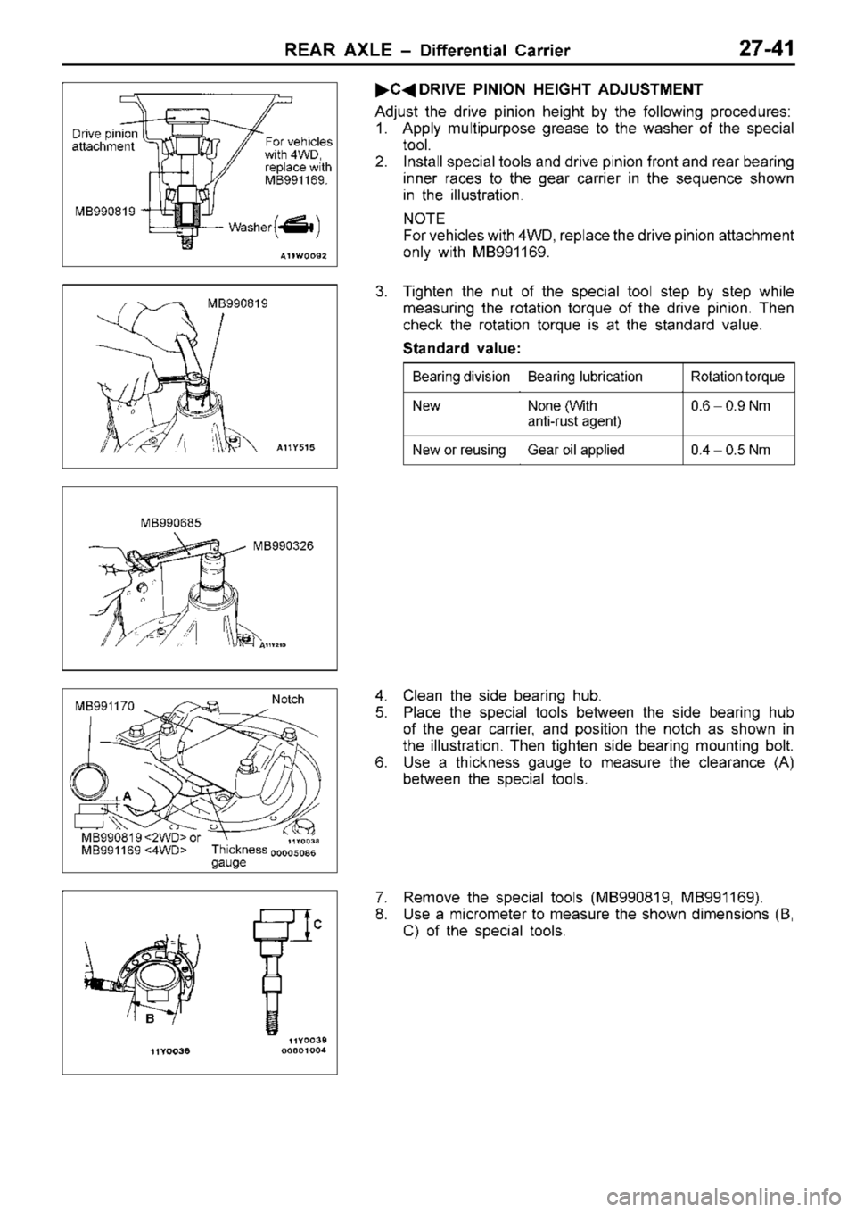 MITSUBISHI TRITON 1997 Workshop Manual B
earin g lu bric a tio n R
ota tio n to rq ue N
ew N
one ( W it h
a nti- ru st a gent) 0
.6 ± 0 .9 N m N
ew o r r e usin g G
ear o il a pplie d 0
.4 ± 0 .5 N m M
B990819 M
B990685
MB990326 MITSUBISHI TRITON 1997 Workshop Manual B
earin g lu bric a tio n R
ota tio n to rq ue N
ew N
one ( W it h
a nti- ru st a gent) 0
.6 ± 0 .9 N m N
ew o r r e usin g G
ear o il a pplie d 0
.4 ± 0 .5 N m M
B990819 M
B990685
MB990326