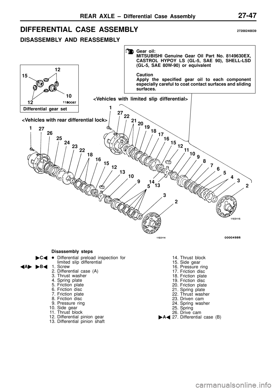 MITSUBISHI TRITON 1997 Workshop Manual D
IF FE R EN TIA L C ASE A SSEM BLY 27200240039
D IS A SSEM BLY A ND R EA SSEM BLY 2
3
5
9
1
0
1
3
1
2
1
5
1
6
1
8
2
2
2
3
2
4
2
5
2
6
2
7
14
2
3
4
5
6
7
8
9
1
0
1
1
1 3 1
2
1
5
1
6
1
7
1
8
1
9
2
MITSUBISHI TRITON 1997 Workshop Manual D
IF FE R EN TIA L C ASE A SSEM BLY 27200240039
D IS A SSEM BLY A ND R EA SSEM BLY 2
3
5
9
1
0
1
3
1
2
1
5
1
6
1
8
2
2
2
3
2
4
2
5
2
6
2
7
14
2
3
4
5
6
7
8
9
1
0
1
1
1 3 1
2
1
5
1
6
1
7
1
8
1
9
2