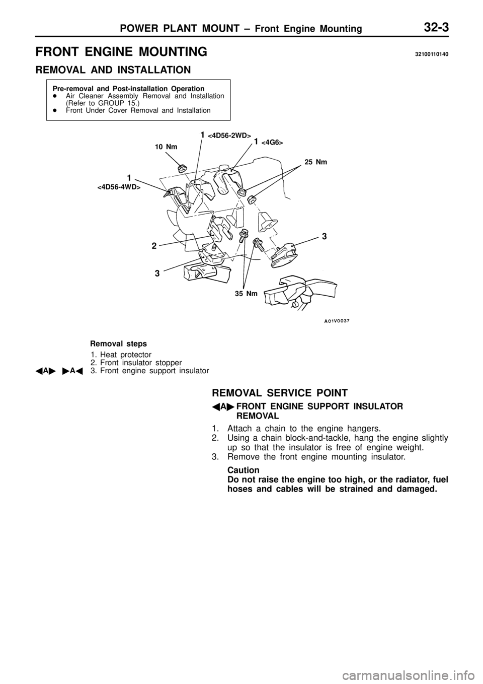 MITSUBISHI TRITON 1997  Workshop Manual F
R O NT  E N G IN E  M OUNTIN G 3210011 0140
R EM OVA L  A ND  IN STA LLA TIO N <
4D 56-2 W D> <
4G 6> 2
5  N m 3
5  N m
<
4D 56-4 W D>
1
23 1
1
3
R em oval s te p s
1 . H eat p ro te cto r
2 . Fro n