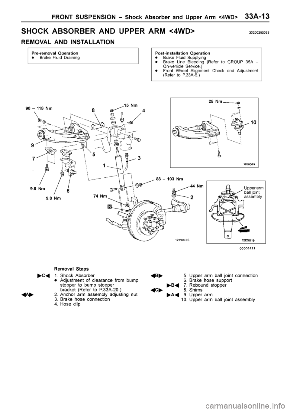 MITSUBISHI TRITON 1997 Workshop Manual S
H O CK A BSO RBER A ND U PPER A RM < 4W D> 33200250033
R EM OVA L A ND IN STA LLA TIO N 9
.8 N m 4
4 N m 7
4 N m 8
8 ± 1 03 N m 1
5 N m 9
8 ± 1 1 8 N m MITSUBISHI TRITON 1997 Workshop Manual S
H O CK A BSO RBER A ND U PPER A RM < 4W D> 33200250033
R EM OVA L A ND IN STA LLA TIO N 9
.8 N m 4
4 N m 7
4 N m 8
8 ± 1 03 N m 1
5 N m 9
8 ± 1 1 8 N m