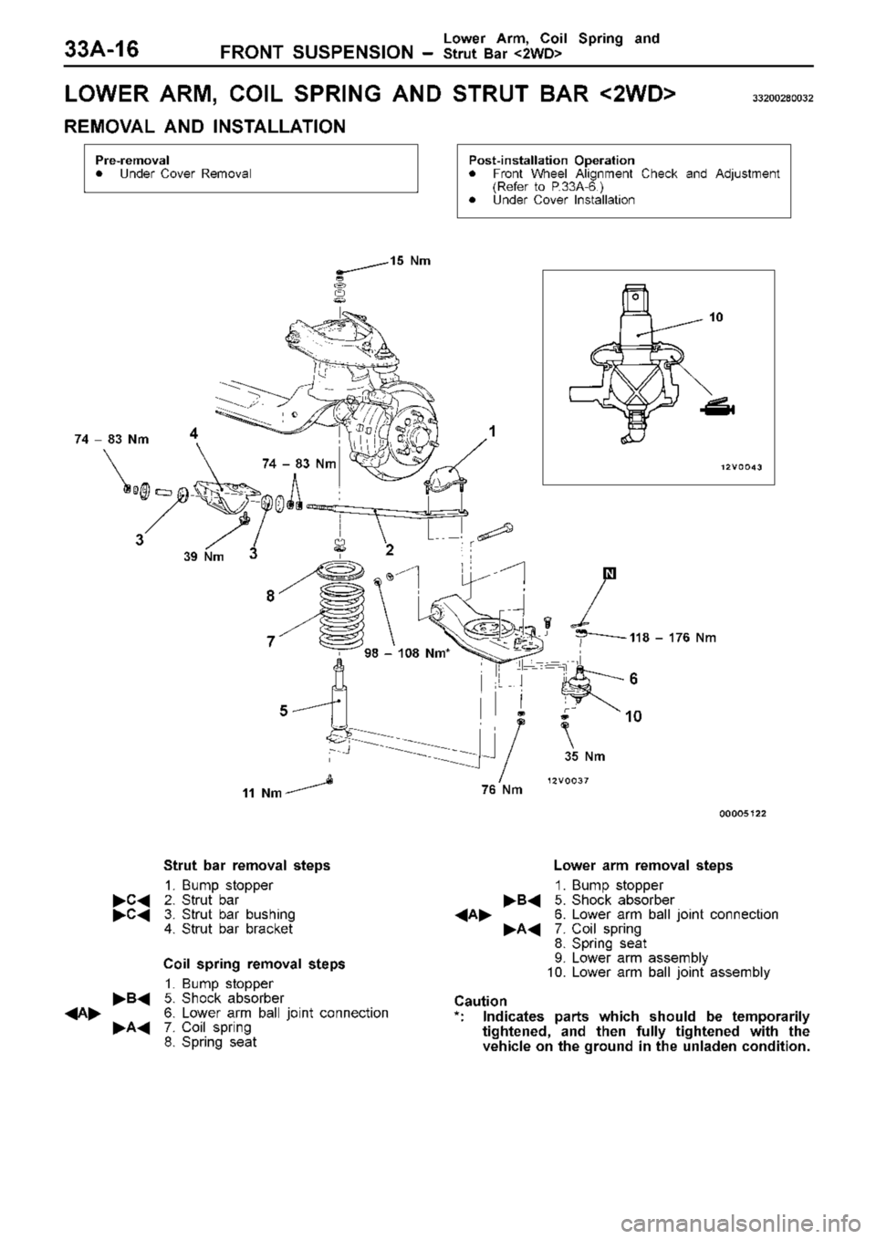 MITSUBISHI TRITON 1997 Workshop Manual L
O W ER A RM , C O IL S PR IN G A ND S TR UT B AR < 2W D> 33200280032
R EM OVA L A ND IN STA LLA TIO N 7
4 ± 8 3 N m 3
9 N m 1
1 N m 7
4 ± 8 3 N m 7
6 N m 3
5 N m 1
1 8 ± 1 76 MITSUBISHI TRITON 1997 Workshop Manual L
O W ER A RM , C O IL S PR IN G A ND S TR UT B AR < 2W D> 33200280032
R EM OVA L A ND IN STA LLA TIO N 7
4 ± 8 3 N m 3
9 N m 1
1 N m 7
4 ± 8 3 N m 7
6 N m 3
5 N m 1
1 8 ± 1 76
