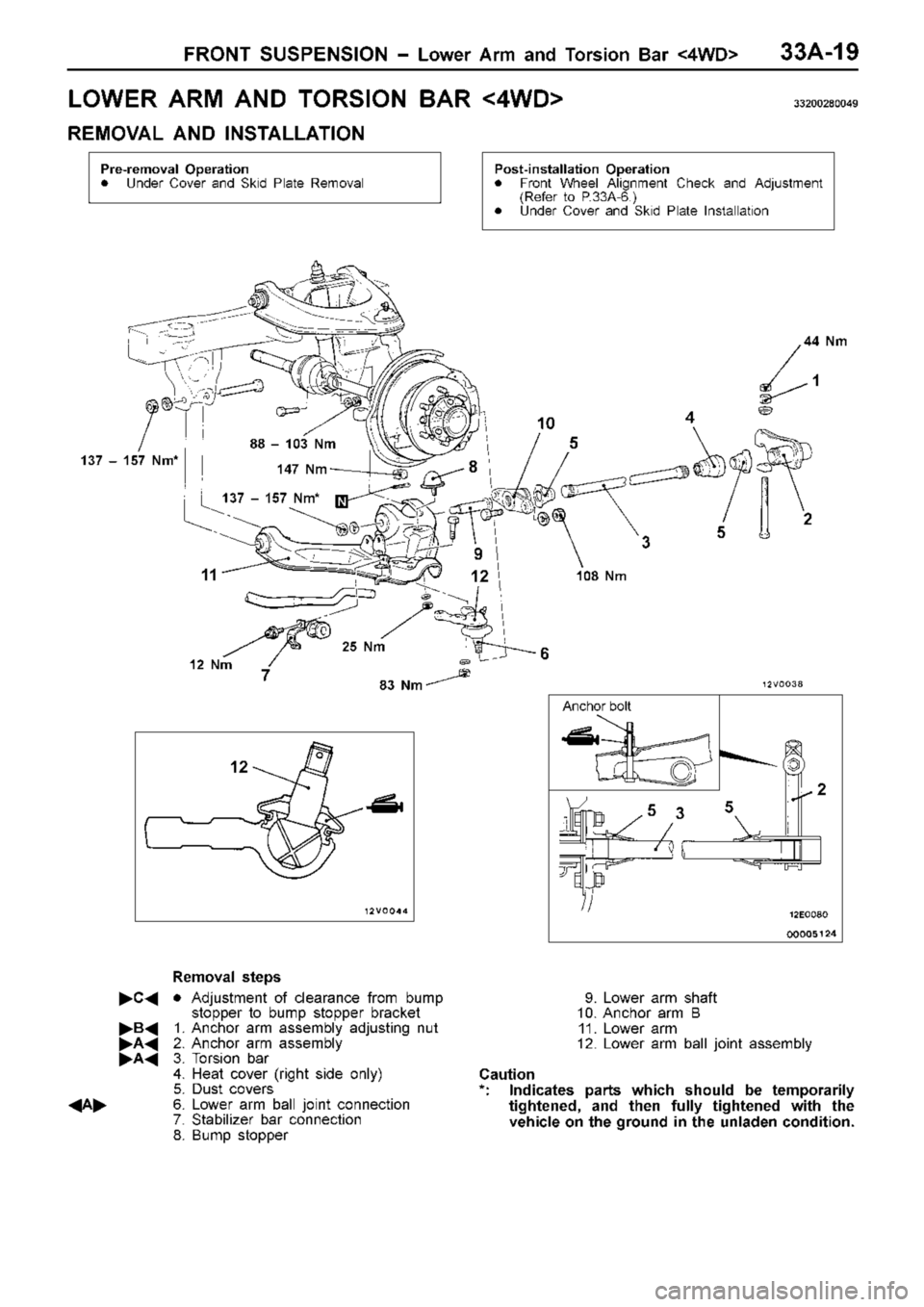 MITSUBISHI TRITON 1997 Workshop Manual L
O W ER A RM A ND T O RSIO N B AR < 4W D> 33200280049
R EM OVA L A ND IN STA LLA TIO N A
nch or b olt 1
37 ± 1 57 N m * 1
2 N m 2
5 N m 8
3 N m 1
08 N m 4
4 N m 8
8 ± 1 03 N m 1
4 MITSUBISHI TRITON 1997 Workshop Manual L
O W ER A RM A ND T O RSIO N B AR < 4W D> 33200280049
R EM OVA L A ND IN STA LLA TIO N A
nch or b olt 1
37 ± 1 57 N m * 1
2 N m 2
5 N m 8
3 N m 1
08 N m 4
4 N m 8
8 ± 1 03 N m 1
4