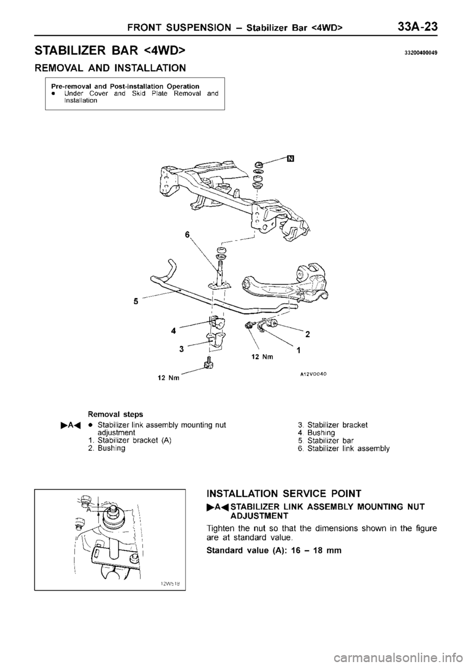 MITSUBISHI TRITON 1997  Workshop Manual S
TA BIL IZ E R  B AR  < 4W D> 33200400049
R EM OVA L  A ND  IN STA LLA TIO N 1
2  N m 1
R em oval s te p s
 A Sta biliz e r lin k  a sse m bly  m ountin g  n ut
a dju stm ent
1 . S ta biliz e r b 