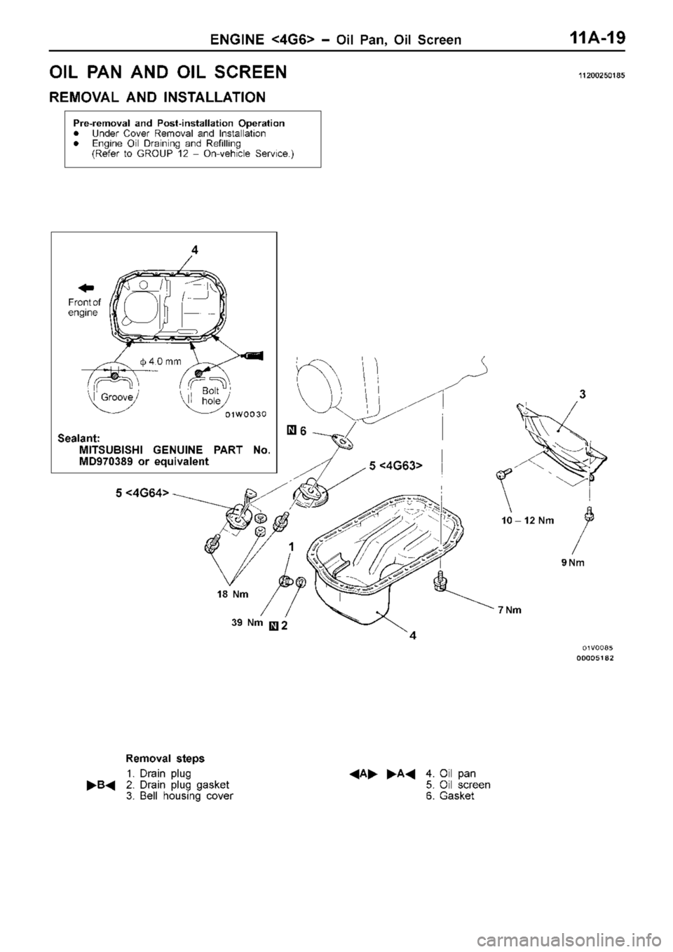 MITSUBISHI TRITON 1997 Repair Manual O
IL P A N A ND O IL S C REEN 11 200250185
R EM OVA L A ND IN STA LLA TIO N B
olt
h ole G
ro ove
1
2 3
4
5 < 4G 63> 1
8 N m 9
N m 7
N m 6 MITSUBISHI TRITON 1997 Repair Manual O
IL P A N A ND O IL S C REEN 11 200250185
R EM OVA L A ND IN STA LLA TIO N B
olt
h ole G
ro ove
1
2 3
4
5 < 4G 63> 1
8 N m 9
N m 7
N m 6