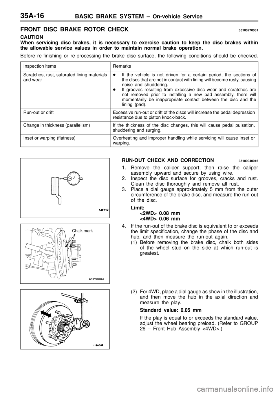 MITSUBISHI TRITON 1997  Workshop Manual R
em ark s S
cra tc h es, r u st,  s a tu ra te d  lin in g  m ate ria ls
a nd w ear R
un-o ut o r d rif t E
xce ssiv e  r u n-o ut  o r d rif t  o f  th e d is cs w ill  in cre ase  th e p edal  d ep