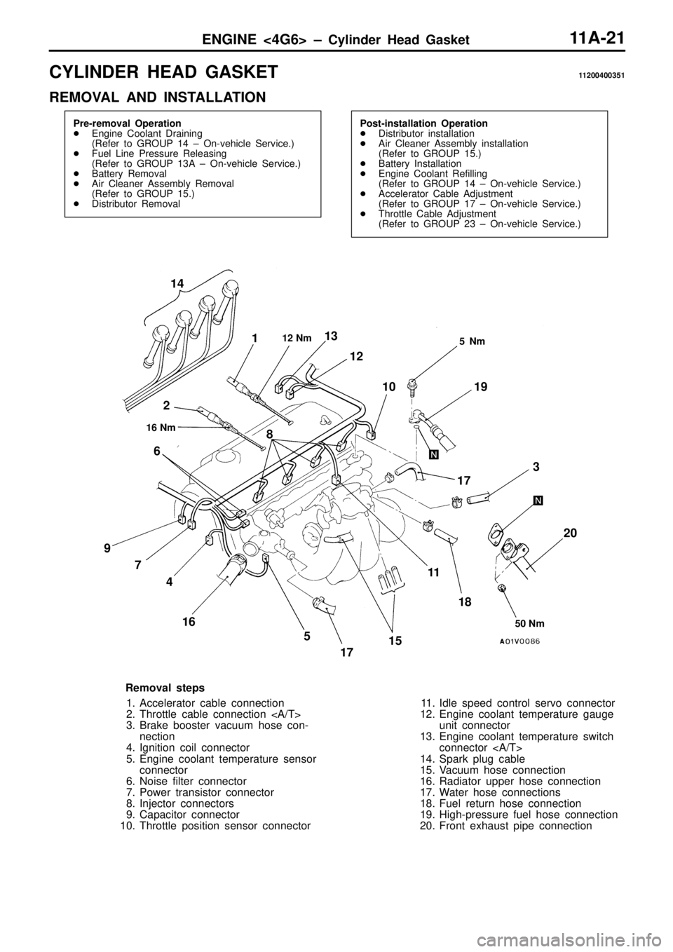 MITSUBISHI TRITON 1997 Repair Manual C
YLIN DER H EA D G ASK ET 11 200400351
R EM OVA L A ND IN STA LLA TIO N 1
6 N m 5
0 N m 5
N m 1
7
R em oval s te p s
1 . A cce le ra to r c a ble c o nnectio n
2 . Thro ttle c a ble c o nnect MITSUBISHI TRITON 1997 Repair Manual C
YLIN DER H EA D G ASK ET 11 200400351
R EM OVA L A ND IN STA LLA TIO N 1
6 N m 5
0 N m 5
N m 1
7
R em oval s te p s
1 . A cce le ra to r c a ble c o nnectio n
2 . Thro ttle c a ble c o nnect