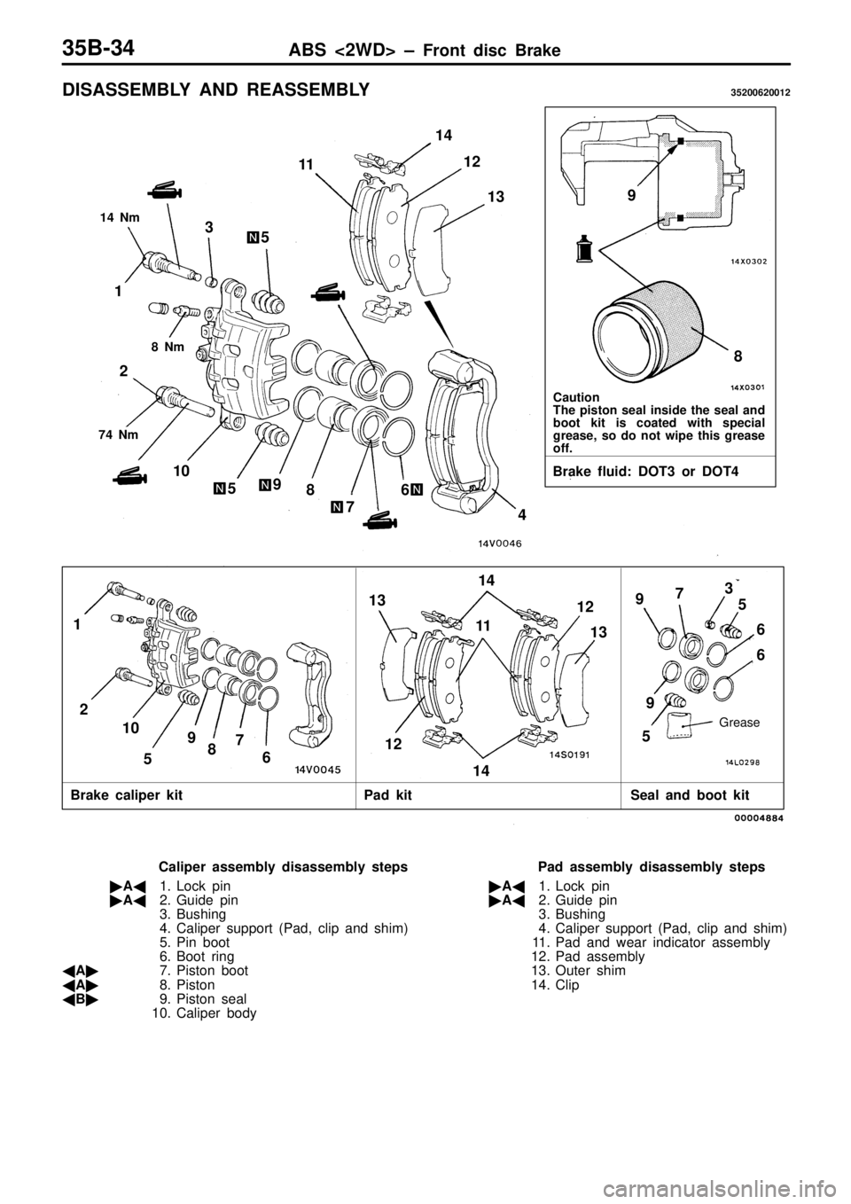 MITSUBISHI TRITON 1997  Workshop Manual C
au tio n
T he  p is to n  s eal in sid e  t h e  s eal a n d
b oot  k it  is  c o ate d  w it h  s p ecia l
g re ase, s o  d o  n ot w ip e  t h is  g re ase
o ff.
B ra ke  f lu id : D O T3  o r D O