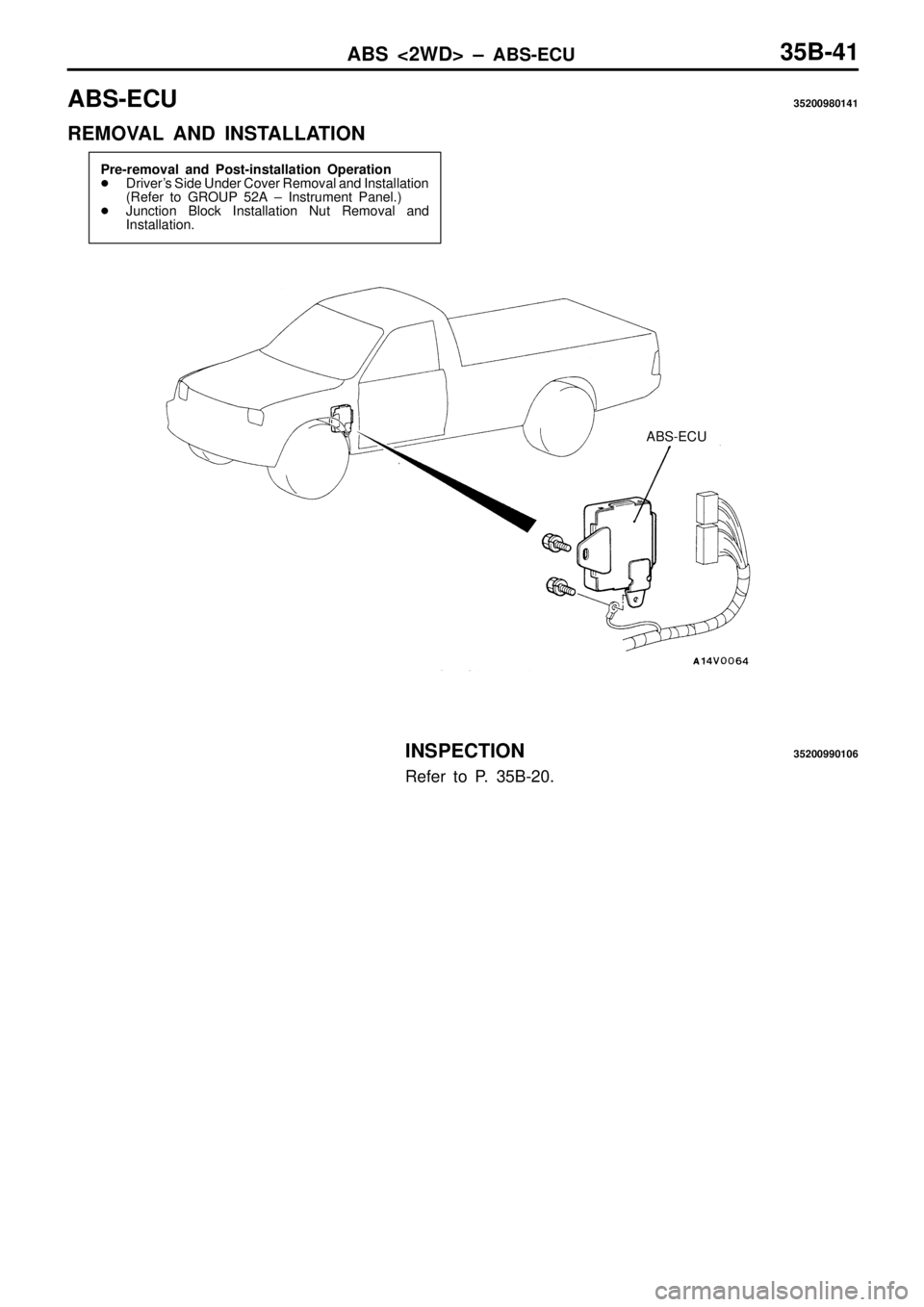 MITSUBISHI TRITON 1997  Workshop Manual A
BS-E C U 35200980141
R EM OVA L  A ND  IN STA LLA TIO N A
BS-E C U
I N SPEC TIO N 35200990106
R efe r to  P . 3 5B -2 0.  