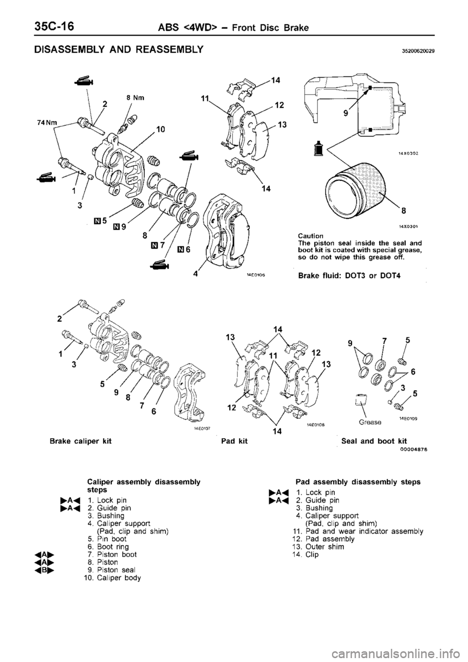 MITSUBISHI TRITON 1997  Workshop Manual B
ra ke  c alip er  k it P
ad  k it S
eal a n d  b oot k it 8
9
1 4 2
1 3
598
76 1
3 1
4
1 1
1 2
14 1
2
13 9
7
5
3 5
C alip er  a ssem bly  d is assem bly
s te p s
 A 1. Lock  p in
 A 2. G uid e  