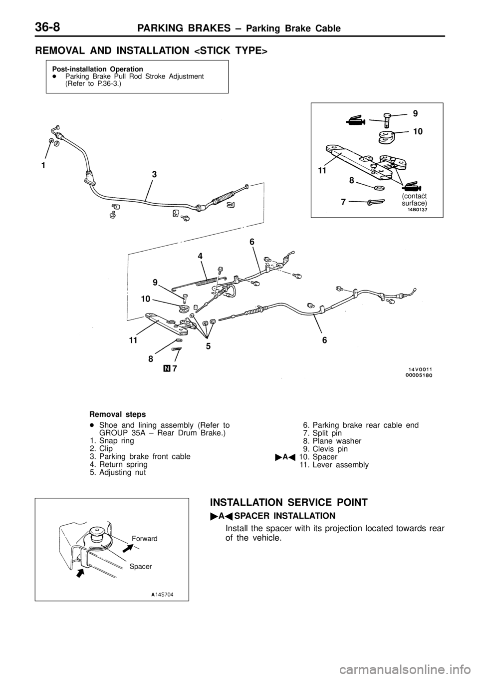 MITSUBISHI TRITON 1997  Workshop Manual (
c o nta ct
s u rfa ce ) 9
1 0
1 1
8
7
3
1 1
8 7 5
6
6
4
1 0 9
R em oval s te p s
 Shoe  a nd  lin in g  a sse m bly  ( R efe r  to
G RO UP  3 5A  ±  R ear D ru m  B ra ke .)
1 . S nap  r in g
2 . 