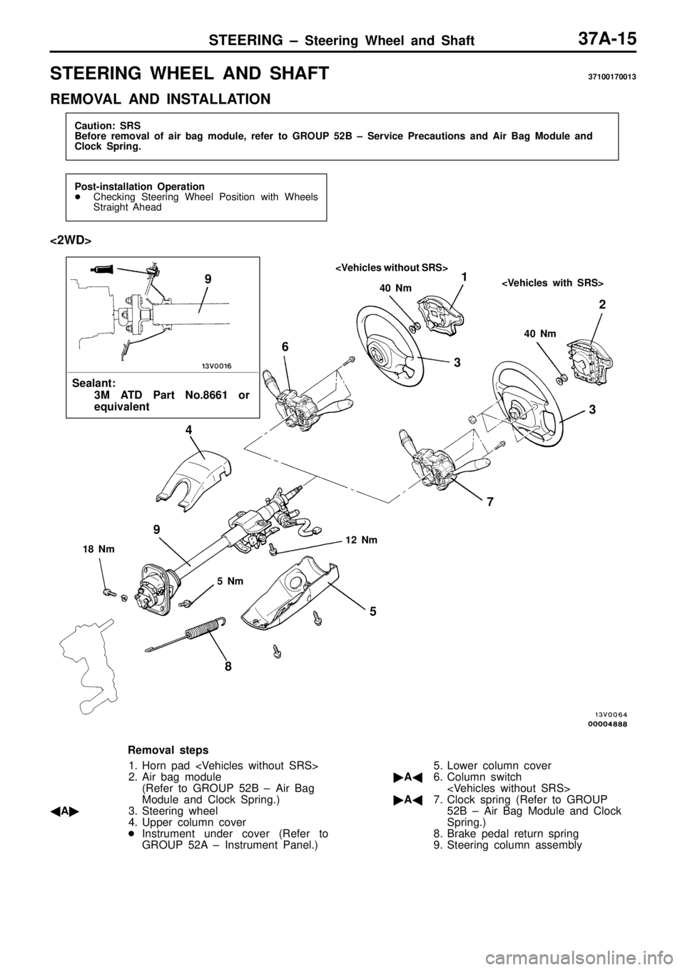 MITSUBISHI TRITON 1997  Workshop Manual S
TE ER IN G  W HEEL  A ND  S H AFT 37100170013
R EM OVA L  A ND  IN STA LLA TIO N P
ost-in sta lla tio n  O pera tio n
 Checkin g  S te erin g  W heel P osit io n  w it h  W heels
S tr a ig ht A hea