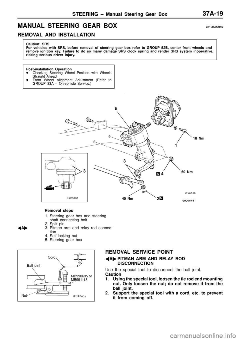 MITSUBISHI TRITON 1997  Workshop Manual M
ANUAL  S TE ER IN G  G EA R  B O X 37100220046
R EM OVA L  A ND  IN STA LLA TIO N P
ost-in sta lla tio n  O pera tio n
 Checkin g  S te erin g  W heel P osit io n  w it h  W heels
S tr a ig ht A he
