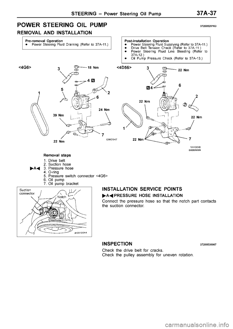 MITSUBISHI TRITON 1997  Workshop Manual P
O W ER  S TE ER IN G  O IL  P U M P 37200520163
R EM OVA L  A ND  IN STA LLA TIO N 3
9  N m 2
2  N m 2
4  N m 2
2  N m 2
2  N m <
4G 6> <
4D 56> N
otc h 
