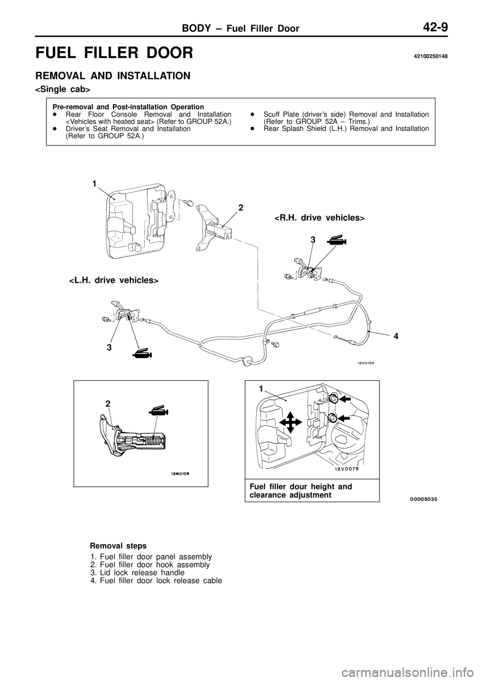 MITSUBISHI TRITON 1997  Workshop Manual <
L .H . d riv e  v eh ic le s> <
R .H . d riv e  v eh ic le s>
F uel f ille r  d our h eig ht a n d
c le ara n ce  a d ju stm en t  